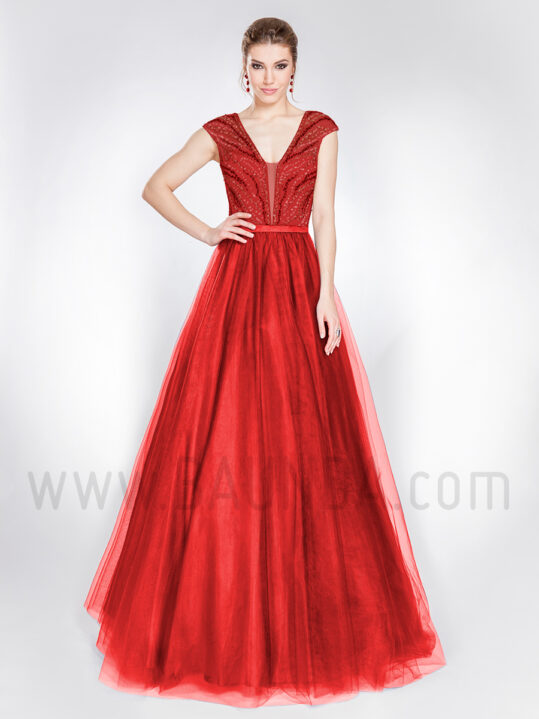 Vestido largo de tul rojo 2019 Alma Couture 1011
